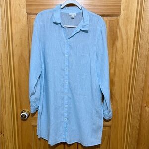 J. Jill Light Blue Long Line Button-Front Linen Tunic, Size Large.